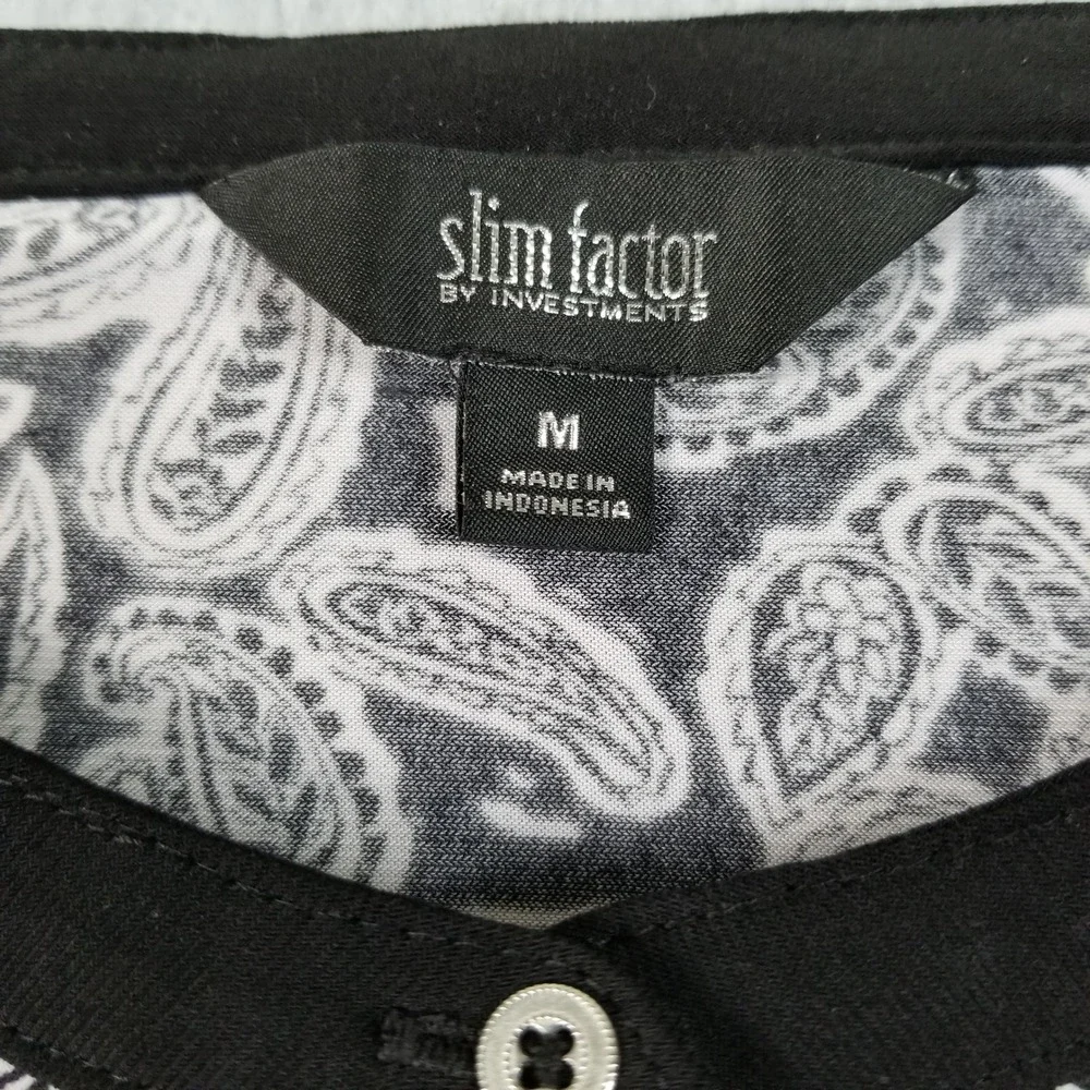Investments Blouse Women's Medium M Black White Paisley Long Bell Sleeve Stretch